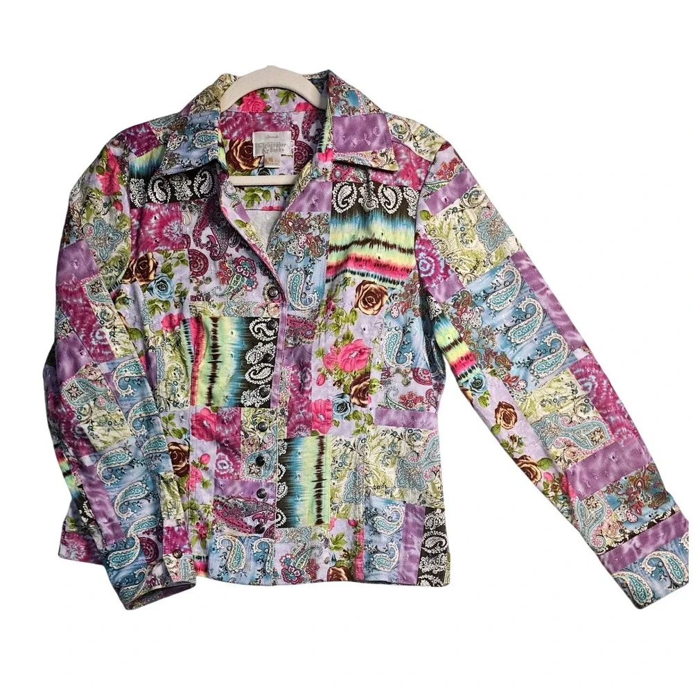 Y2K Artsy Purple Tie Dye Patchwork Print Rose Paisley‎ Jacket Sz Lg Indie #574